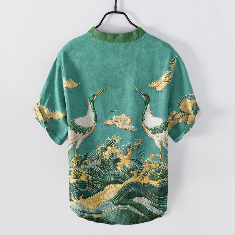 Buddha Stones Cotton Crane Wave Emblem Men's Short Sleeve Half Button Shirt - image 7