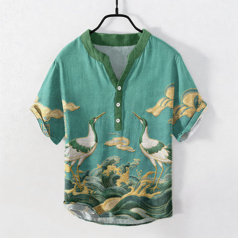 Buddha Stones Cotton Crane Wave Emblem Men's Short Sleeve Half Button Shirt - MediumTurquoise - US/UK/AU50，EU60 (5XL) - image 6