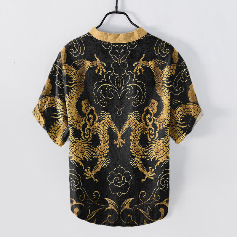 Buddha Stones Cotton Dragon Cloud Emblem Men's Short Sleeve Half Button Shirt - image 1