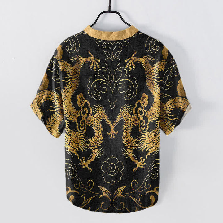 Buddha Stones Cotton Dragon Cloud Emblem Men's Short Sleeve Half Button Shirt - image 1