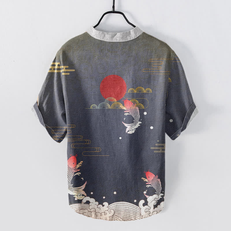 Buddha Stones Cotton Koi Fish Red Sun Cloud Emblem Men's Short Sleeve Half Button Shirt - image 1