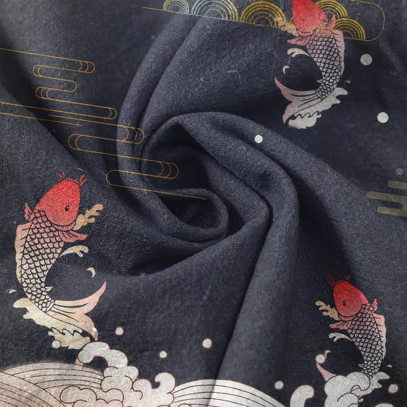 Buddha Stones Cotton Koi Fish Red Sun Cloud Emblem Men's Short Sleeve Half Button Shirt - image 2