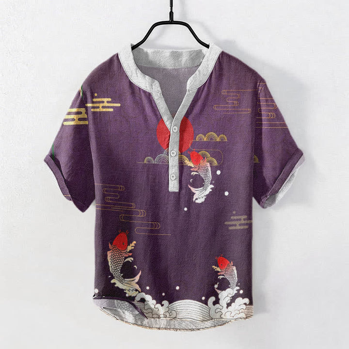 Buddha Stones Cotton Koi Fish Red Sun Cloud Emblem Men's Short Sleeve Half Button Shirt - DarkOrchid - US/UK/AU50，EU60 (5XL) - image 5
