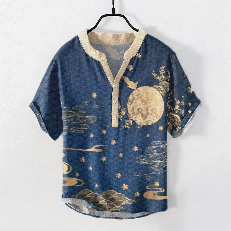 Buddha Stones Cotton Plum Blossom Full Moon Crane Emblem Men's Short Sleeve Half Button Shirt - SteelBlue - US/UK/AU50，EU60 (5XL) - image 0