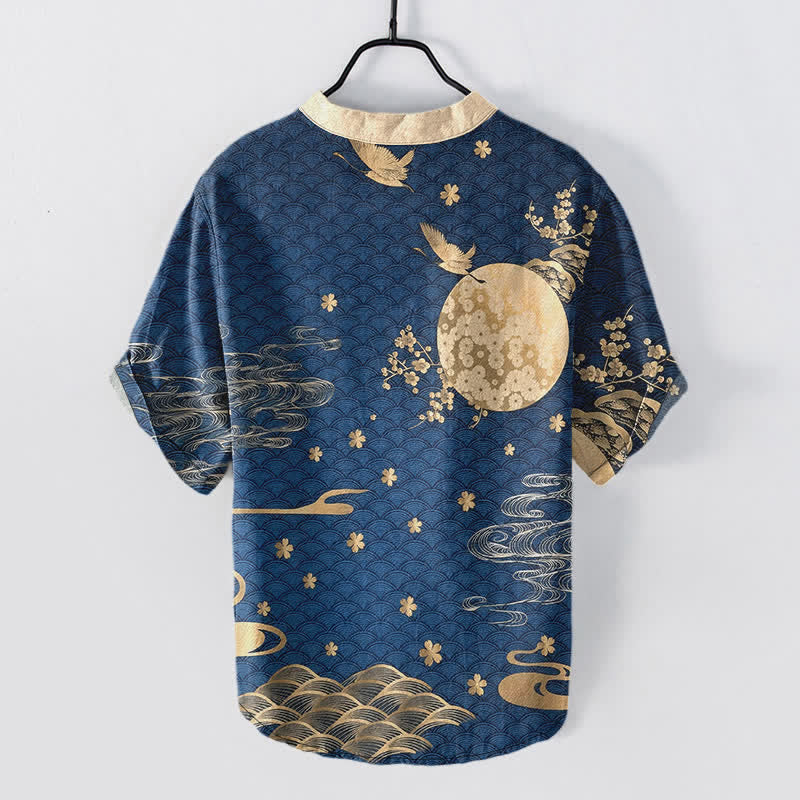Buddha Stones Cotton Plum Blossom Full Moon Crane Emblem Men's Short Sleeve Half Button Shirt - image 1