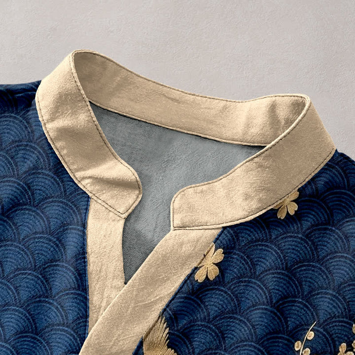 Buddha Stones Cotton Plum Blossom Full Moon Crane Emblem Men's Short Sleeve Half Button Shirt - image 2