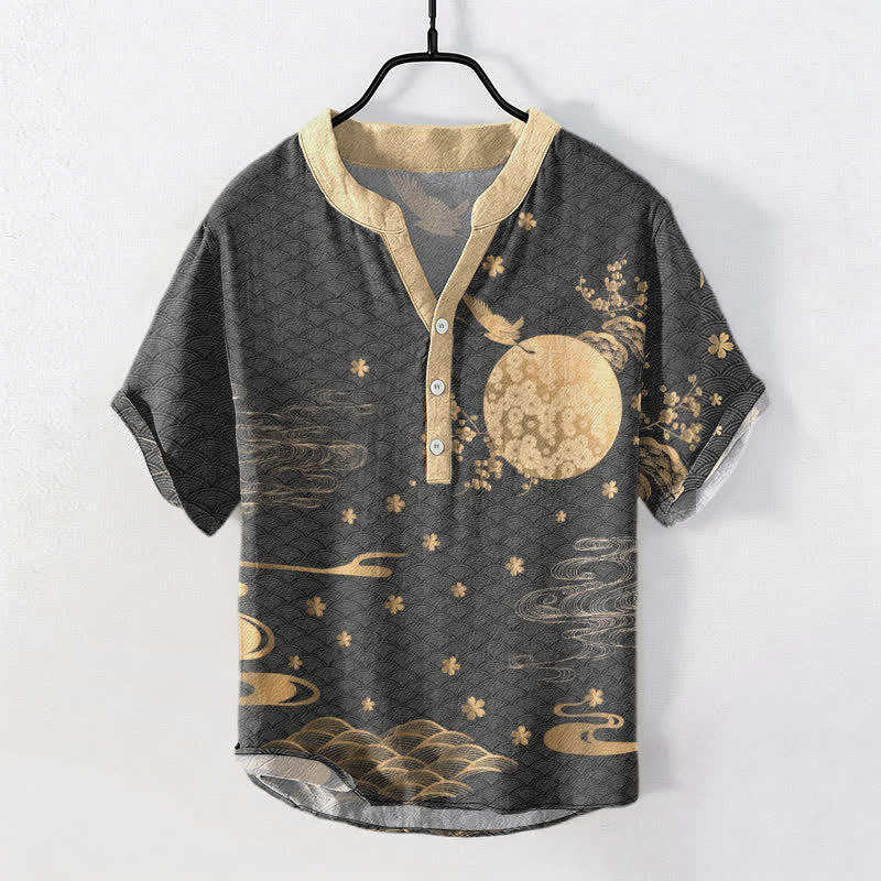 Buddha Stones Cotton Plum Blossom Full Moon Crane Emblem Men's Short Sleeve Half Button Shirt - DimGray - US/UK/AU50，EU60 (5XL) - image 5