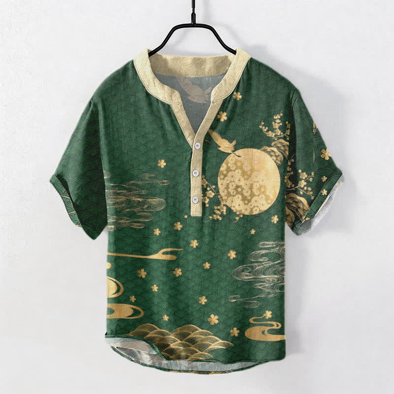 Buddha Stones Cotton Plum Blossom Full Moon Crane Emblem Men's Short Sleeve Half Button Shirt - DarkGreen - US/UK/AU50，EU60 (5XL) - image 7