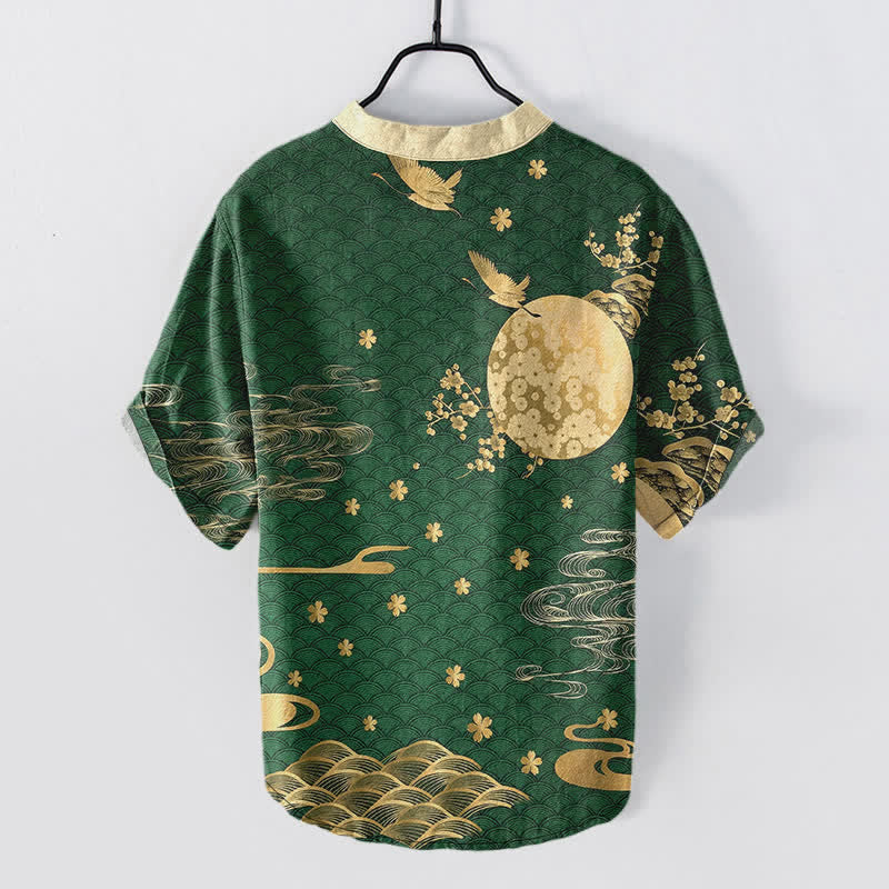Buddha Stones Cotton Plum Blossom Full Moon Crane Emblem Men's Short Sleeve Half Button Shirt - image 8