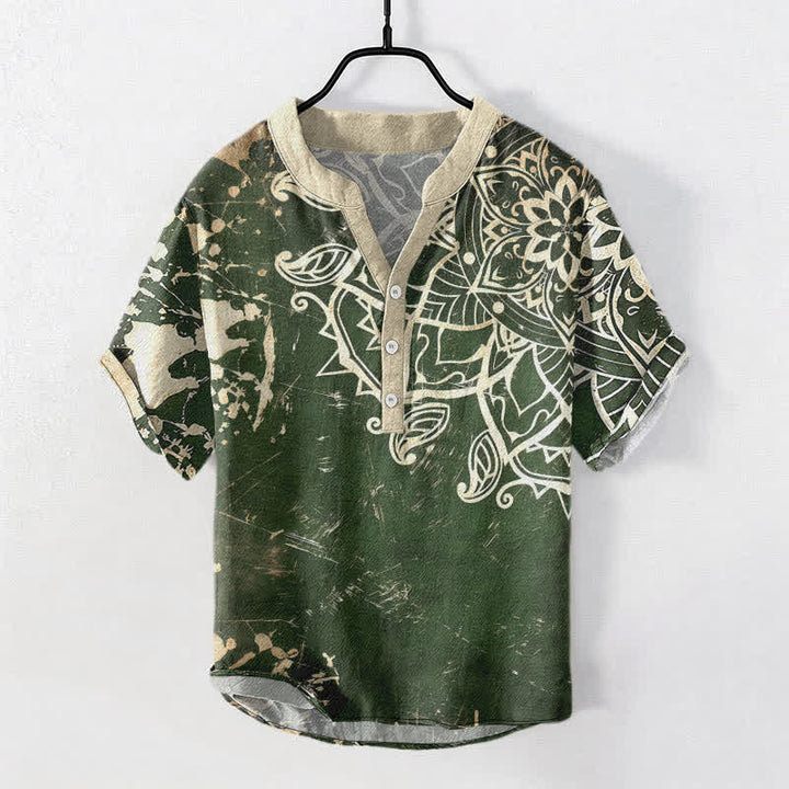 Buddha Stones Cotton Lotus Mandala Emblem Men's Short Sleeve Half Button Shirt - DarkGreen - US/UK/AU50，EU60 (5XL) - image 0