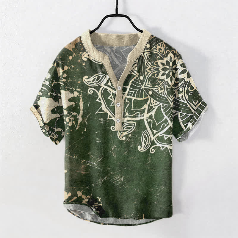 Buddha Stones Cotton Lotus Mandala Emblem Men's Short Sleeve Half Button Shirt - DarkGreen - US/UK/AU50，EU60 (5XL) - image 0