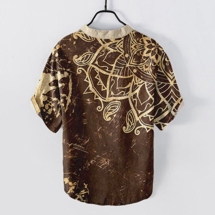 Buddha Stones Cotton Lotus Mandala Emblem Men's Short Sleeve Half Button Shirt - image 6