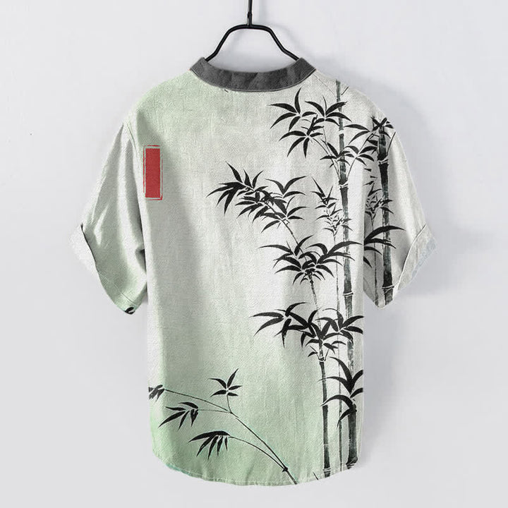 Buddha Stones Cotton Bamboo Emblem Men's Short Sleeve Half Button Shirt - image 1