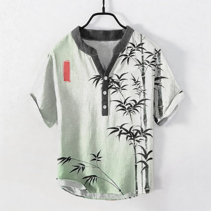 Buddha Stones Cotton Bamboo Emblem Men's Short Sleeve Half Button Shirt - Honeydew - US/UK/AU50，EU60 (5XL) - image 0