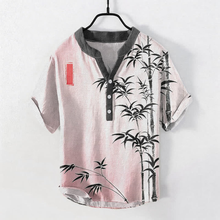 Buddha Stones Cotton Bamboo Emblem Men's Short Sleeve Half Button Shirt - LightPink - US/UK/AU50，EU60 (5XL) - image 5