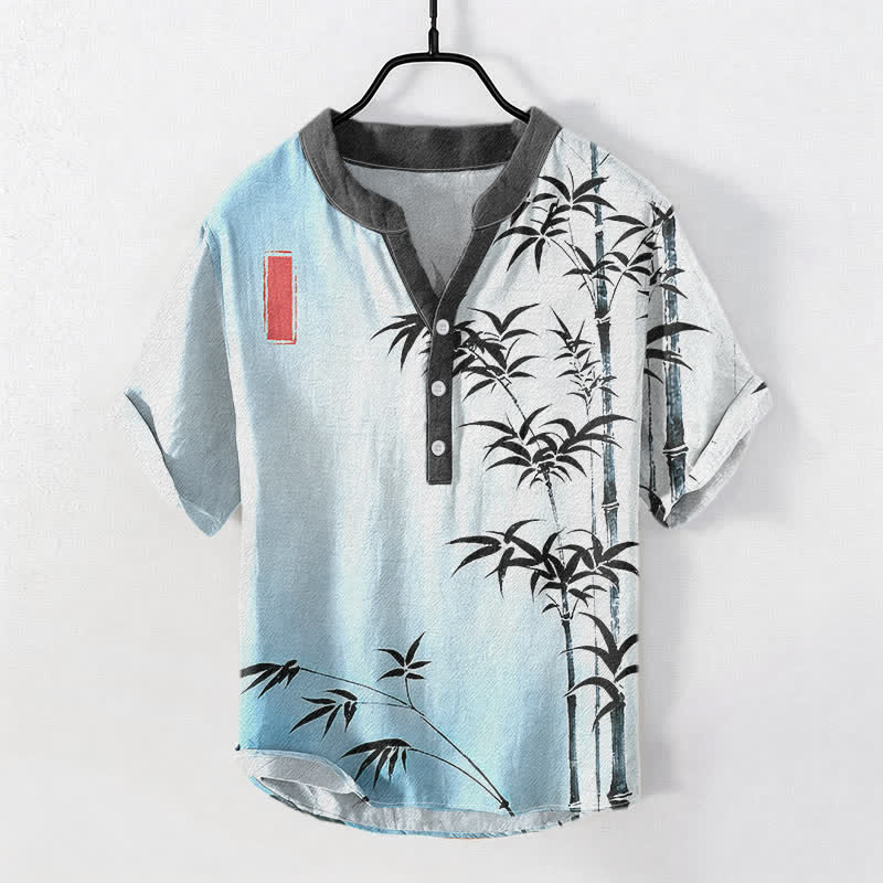 Buddha Stones Cotton Bamboo Emblem Men's Short Sleeve Half Button Shirt - LightBlue - US/UK/AU50，EU60 (5XL) - image 3