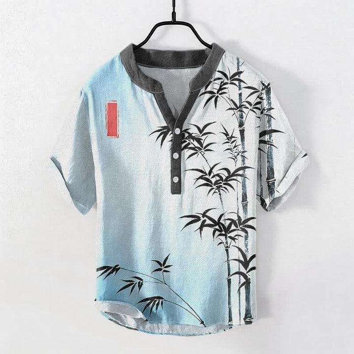 Buddha Stones Cotton Bamboo Emblem Men's Short Sleeve Half Button Shirt - LightBlue - US/UK/AU50，EU60 (5XL) - image 3