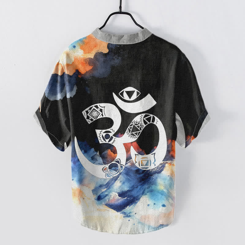 Buddha Stones Cotton Om Chakra Emblem Men's Short Sleeve Half Button Shirt - image 1