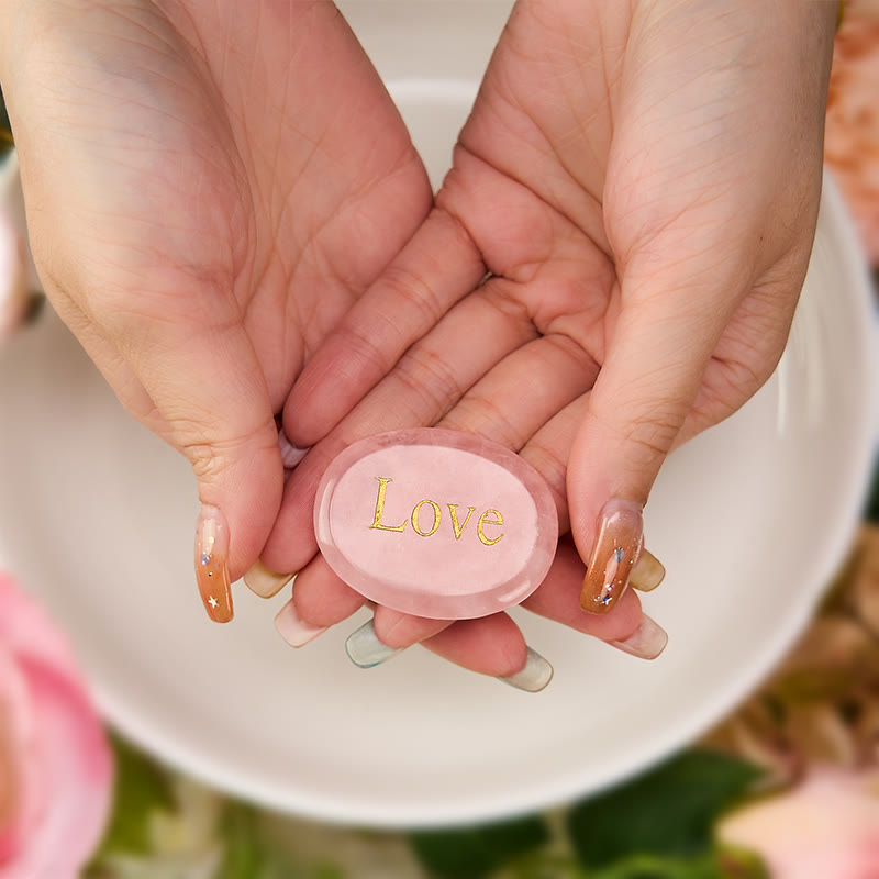 Buddha Stones LOVE Engraved Natural Rose Quartz Palm Stone Healing Crystal Decor - image 2