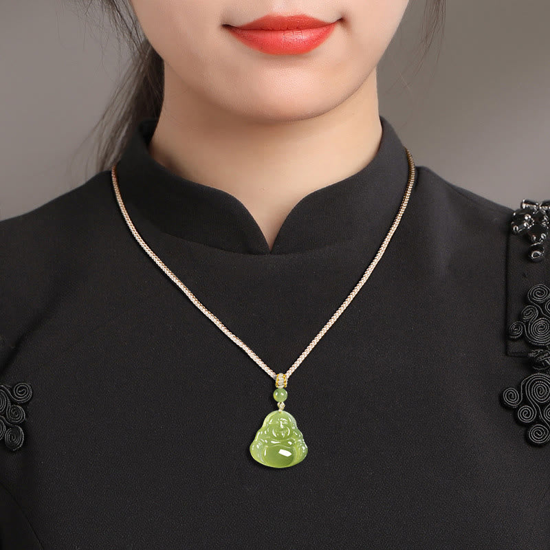 Buddha Stones Green Jade Laughing Buddha Prosperity Rope Necklace Pendant - image 9