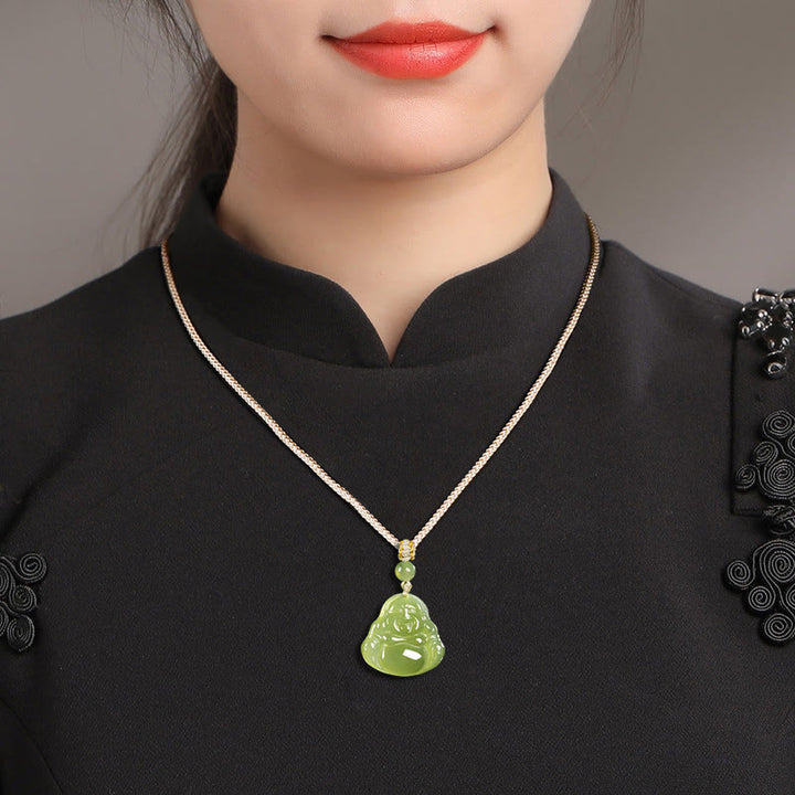 Buddha Stones Green Jade Laughing Buddha Prosperity Rope Necklace Pendant - image 9