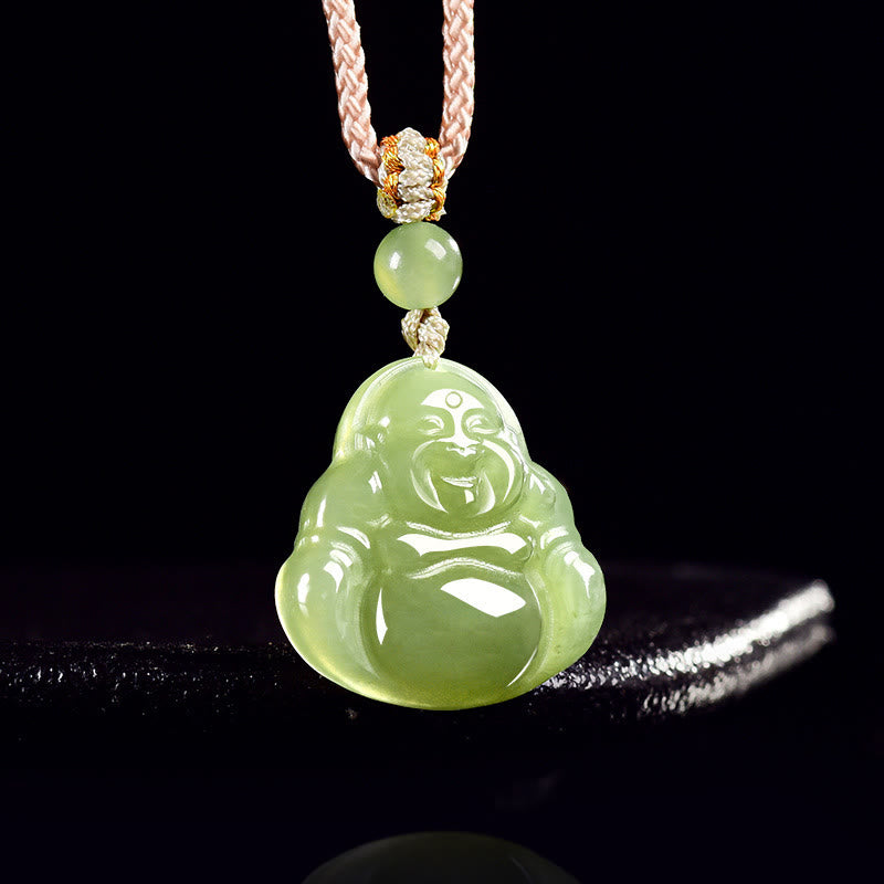 Buddha Stones Green Jade Laughing Buddha Prosperity Rope Necklace Pendant - image 2