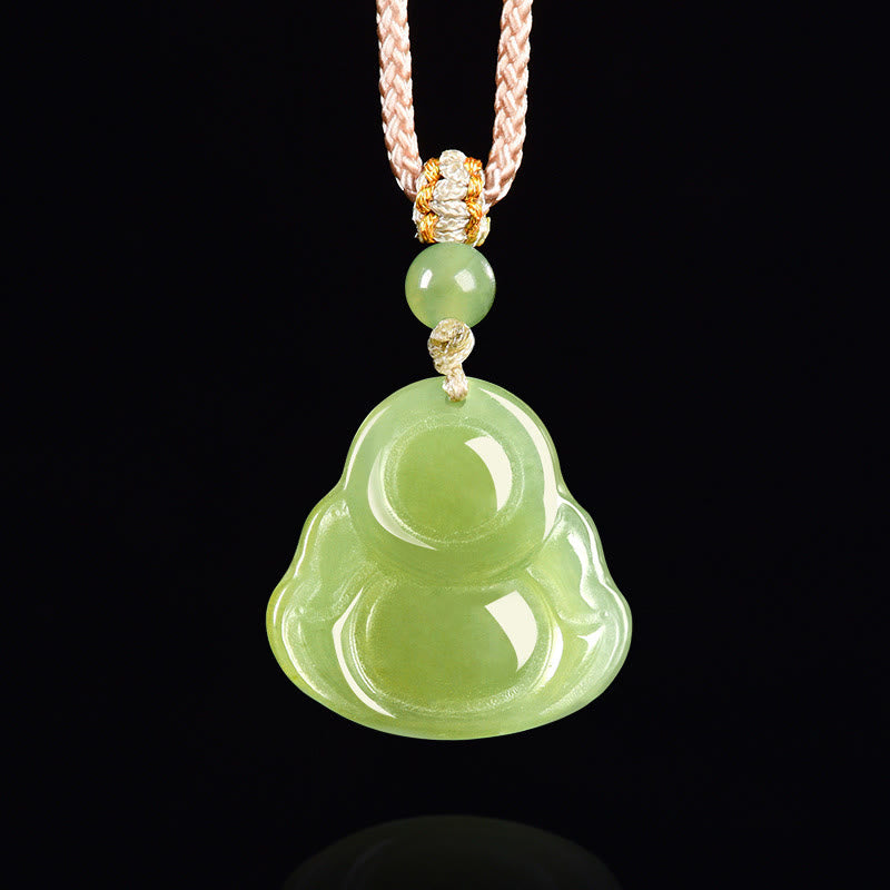 Buddha Stones Green Jade Laughing Buddha Prosperity Rope Necklace Pendant - image 3