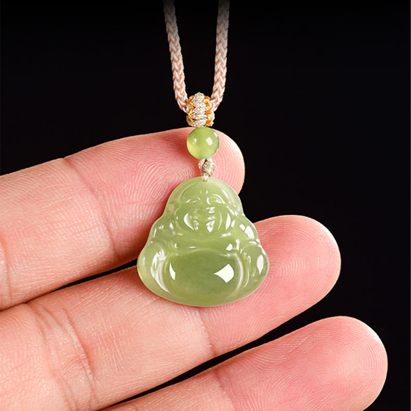 Buddha Stones Green Jade Laughing Buddha Prosperity Rope Necklace Pendant - image 8