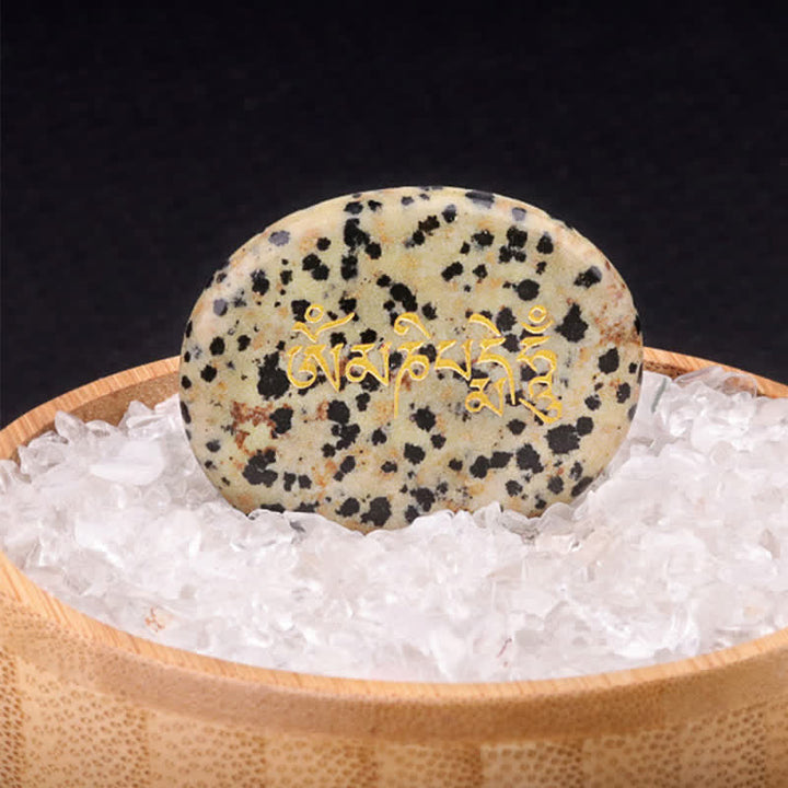 Buddha Stones Om Mani Padme Hum Amethyst Tiger Eye Palm Stone Crystal Decor 35*45mm - Natural Dalmatian Jasper(Color May Vary) 35*45mm - image 12