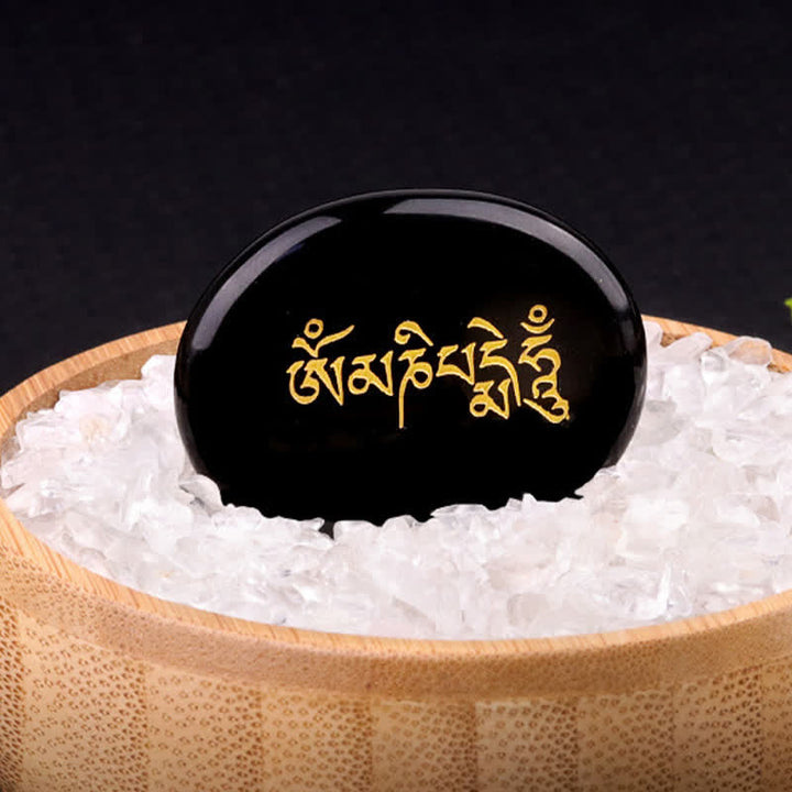 Buddha Stones Om Mani Padme Hum Amethyst Tiger Eye Palm Stone Crystal Decor 35*45mm - Natural Black Obsidian(Color May Vary) 35*45mm - image 9