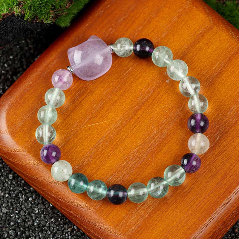 Buddha Stones Cute Cat Design Blue Lace Agate Clear Quartz  Beaded Bracelet - Rainbow Fluorite(Wrist Circumference 15–16cm) - image 20