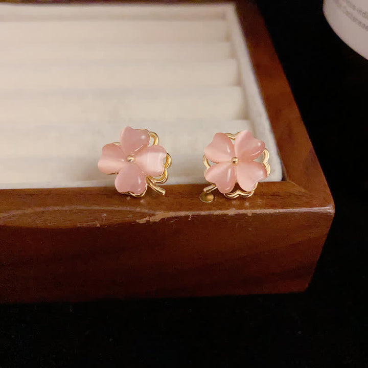 Buddha Stones Rotatable Design Four-Leaf Flower Pink Cat's Eye Support Stud Earrings - Pink Cat's Eye(925 Sterling Silver Posts) - image 0