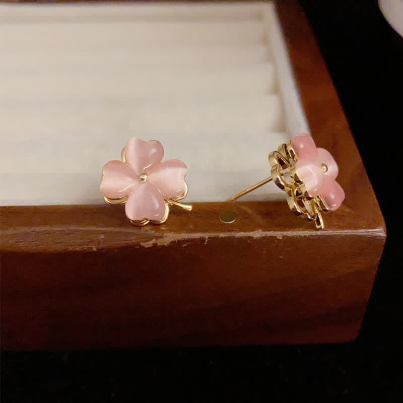 Buddha Stones Rotatable Design Four-Leaf Flower Pink Cat's Eye Support Stud Earrings - image 2
