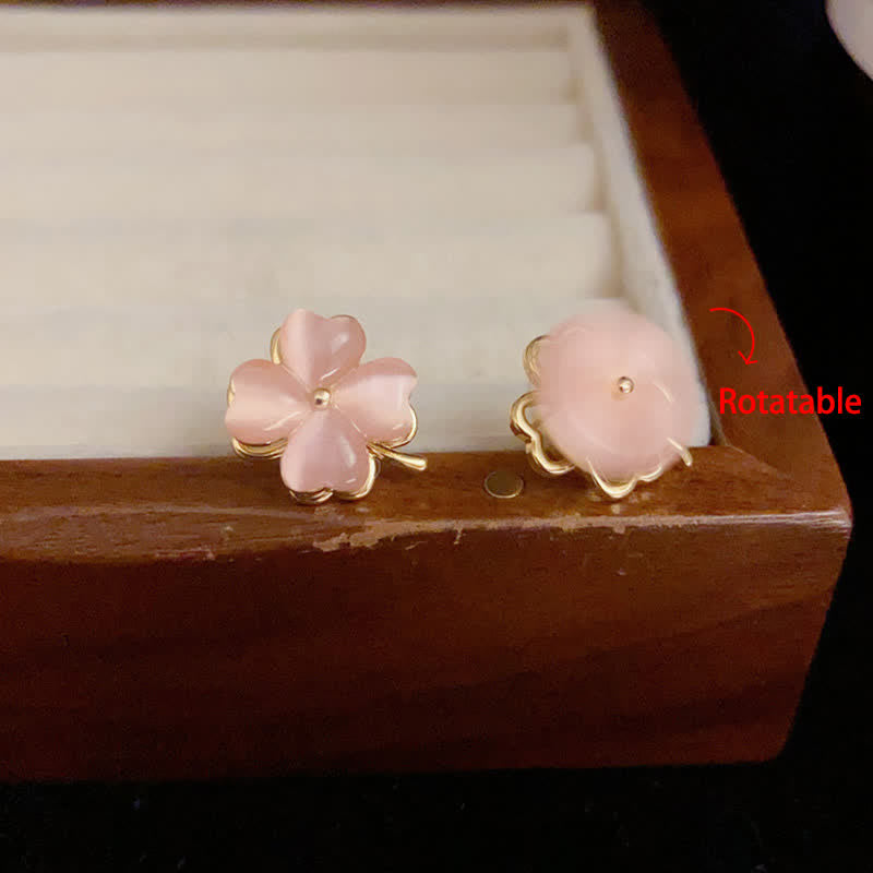 Buddha Stones Rotatable Design Four-Leaf Flower Pink Cat's Eye Support Stud Earrings - image 3