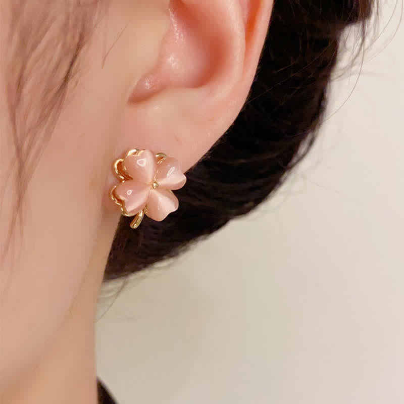Buddha Stones Rotatable Design Four-Leaf Flower Pink Cat's Eye Support Stud Earrings - image 5
