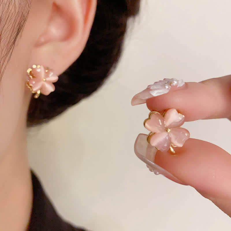 Buddha Stones Rotatable Design Four-Leaf Flower Pink Cat's Eye Support Stud Earrings - image 4