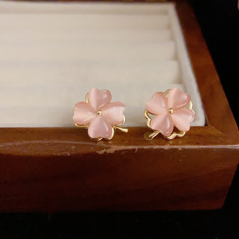 Buddha Stones Rotatable Design Four-Leaf Flower Pink Cat's Eye Support Stud Earrings - image 1