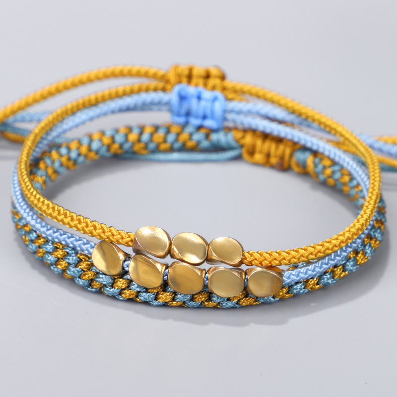 Buddha Stones 3Pcs Blue Yellow String Golden Copper Beads Healing Bracelet - String(Wrist Circumference:16-26cm) - image 0