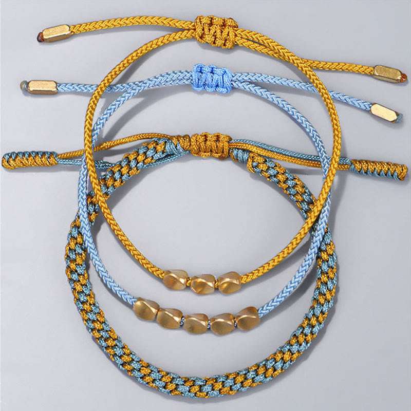 Buddha Stones 3Pcs Blue Yellow String Golden Copper Beads Healing Bracelet - image 1