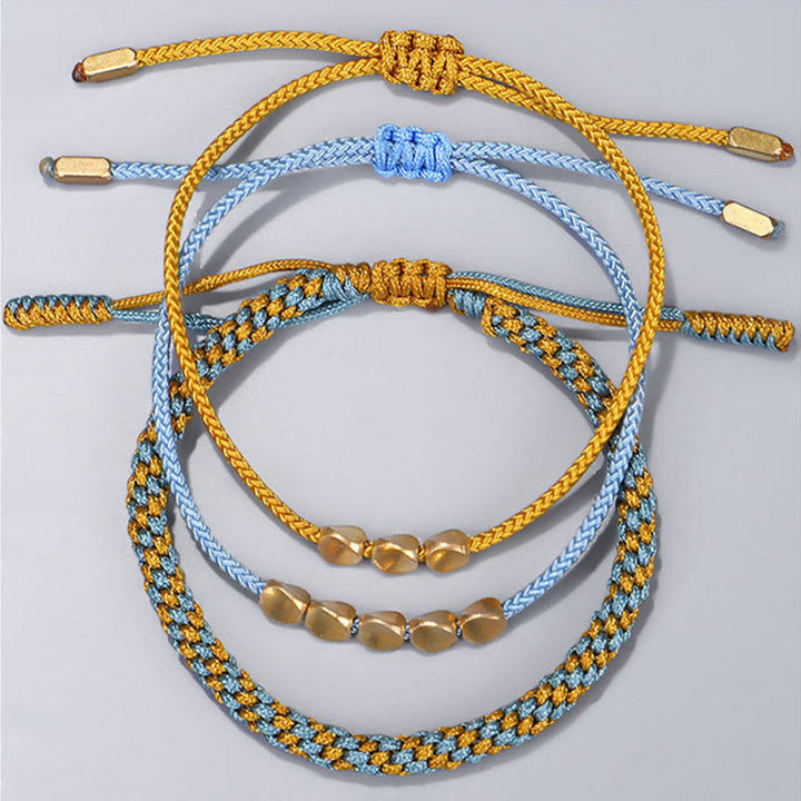 Buddha Stones 3Pcs Blue Yellow String Golden Copper Beads Healing Bracelet - image 1