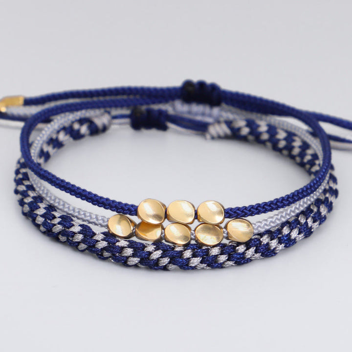 Buddha Stones 3Pcs Blue Gray String Golden Copper Beads Self Care Bracelet - String(Wrist Circumference:16-26cm) - image 0