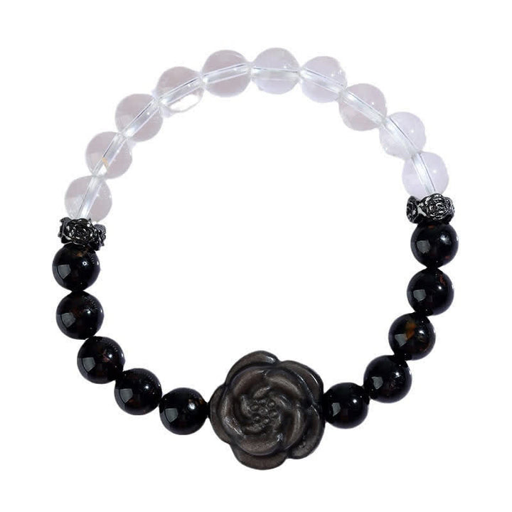 Buddha Stones Black Tourmaline Clear Quartz Carved Rose Flower Design Focus Bracelet - image 9