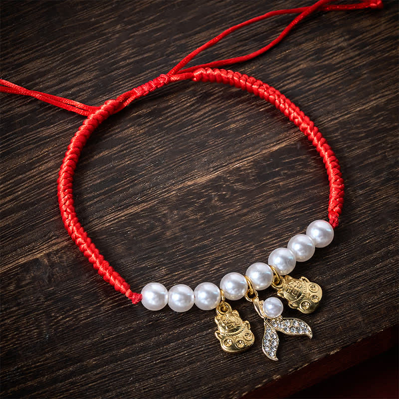 Buddha Stones Red String Plaited Pearl Fish Tail Protection Adjustable Cats Pet Collar - image 1