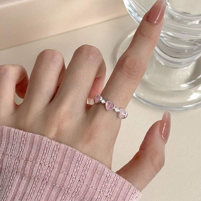 Buddha Stones 925 Sterling Silver Pink Cat's Eye Heart Design Adjustable Love Ring - image 8