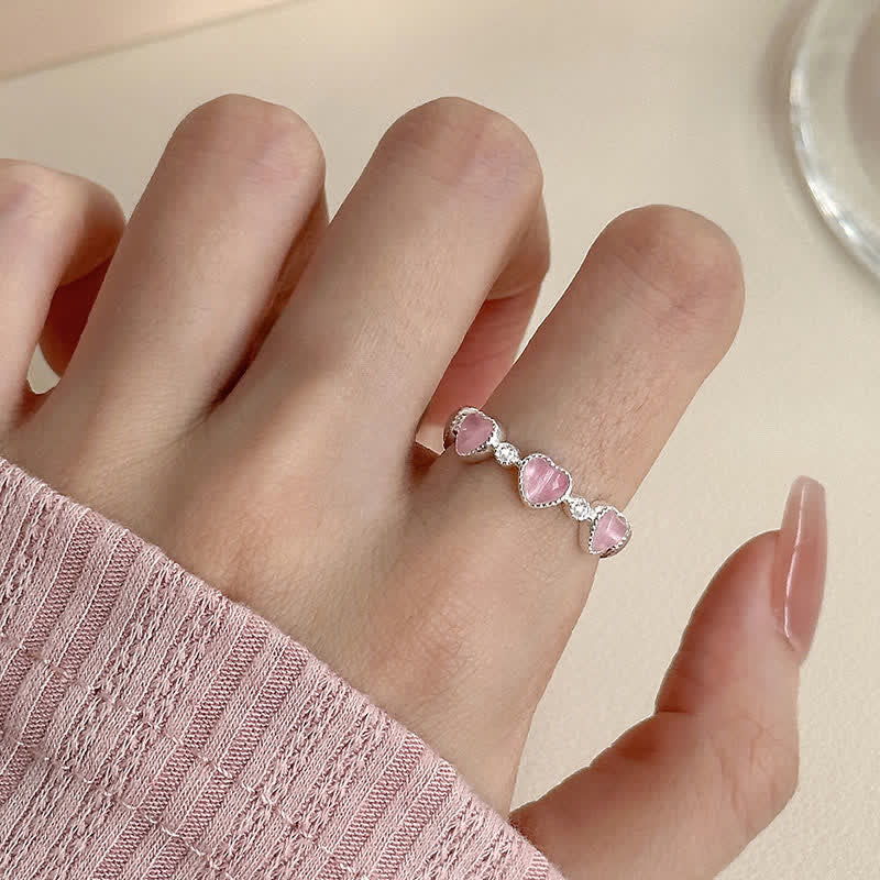 Buddha Stones 925 Sterling Silver Pink Cat's Eye Heart Design Adjustable Love Ring - image 9
