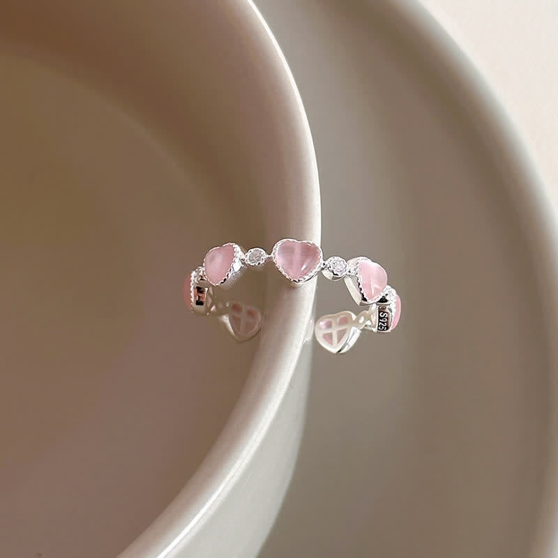 Buddha Stones 925 Sterling Silver Pink Cat's Eye Heart Design Adjustable Love Ring - Cat's Eye(Peace♥Support) - 17mm(Adjustable) - image 1