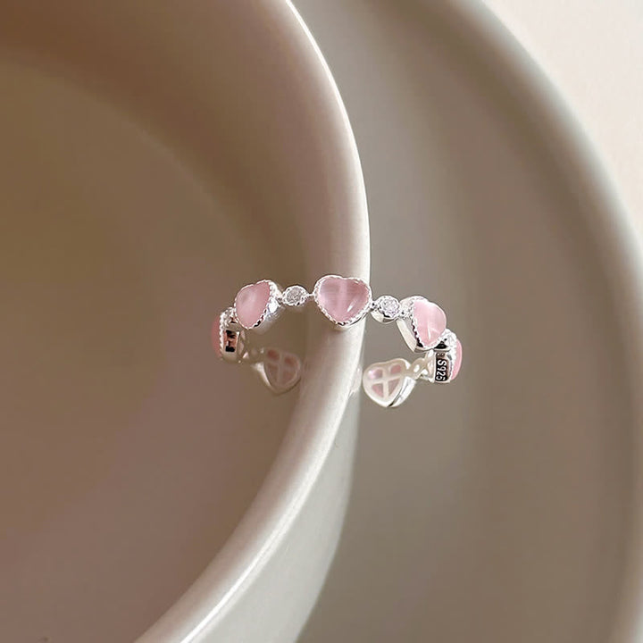 Buddha Stones 925 Sterling Silver Pink Cat's Eye Heart Design Adjustable Love Ring - Cat's Eye(Peace♥Support) - 17mm(Adjustable) - image 1