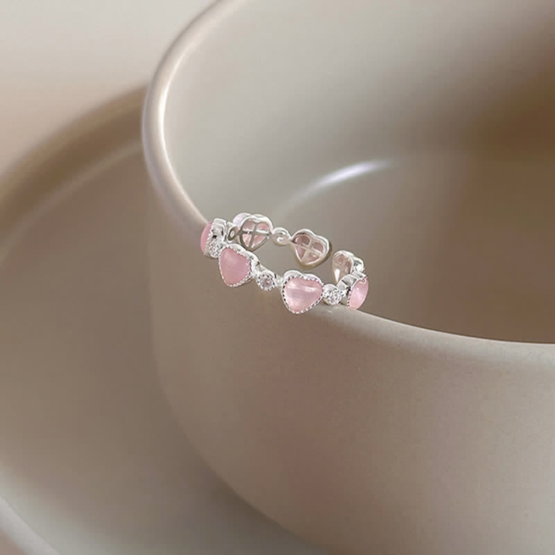 Buddha Stones 925 Sterling Silver Pink Cat's Eye Heart Design Adjustable Love Ring - image 0