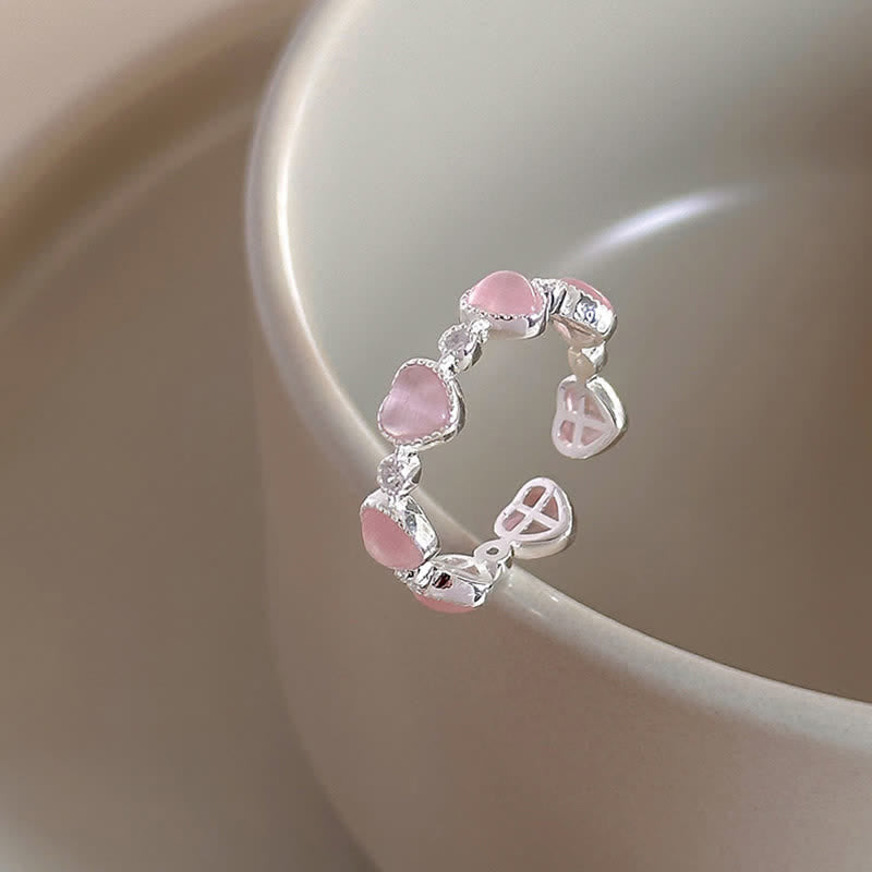 Buddha Stones 925 Sterling Silver Pink Cat's Eye Heart Design Adjustable Love Ring - image 2
