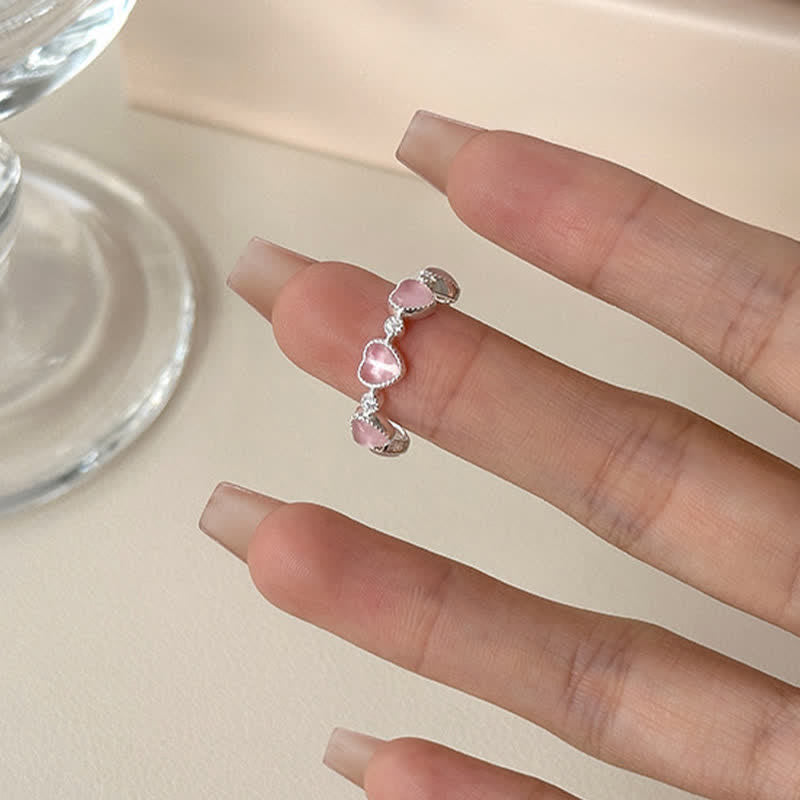 Buddha Stones 925 Sterling Silver Pink Cat's Eye Heart Design Adjustable Love Ring - image 7